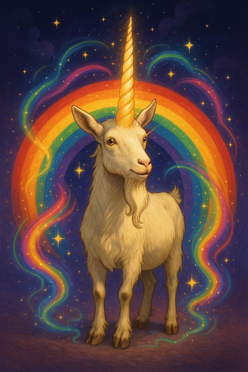 Goat Unicorn standing on a mountain with a rainbow sky